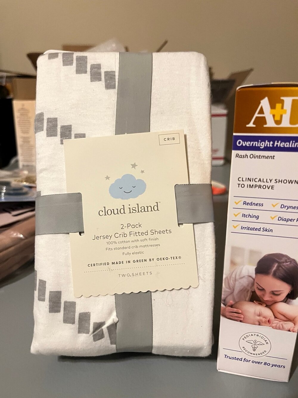 cloud island White and Gray Jersey Crib Sheets - 2 Pack AND A&D ointment